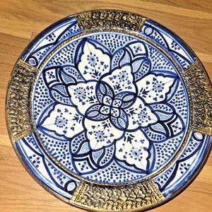 Vintage Moroccan - Moorish Art  Hand Painted  Clay Bowl/Dish  w/ Brass Inlay 16&quot;