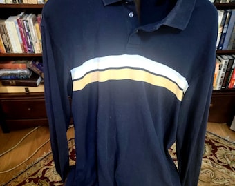 Nautica Long Sleeve Polo Shirt Mens XL Navy Blue Yellow Stripe Casual Comfort