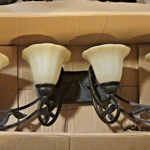 May include: A four-light vanity fixture with off-white bell-shaped shades. The fixture has a dark bronze finish with decorative scrollwork and leaf accents. The lights are in a cardboard box.