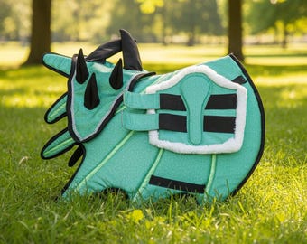 Dragon Saddle Pad, Ear Bonnet & Horse Boot Set Green Glittery, Breathable, Shock Absorbing