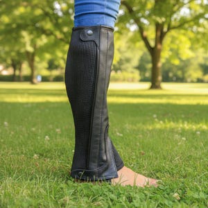 May include: Black riding half chaps with a textured front panel and leather accents. The chaps have a button closure at the top and a zipper or snap closure at the bottom. The chaps are worn over blue jeans.