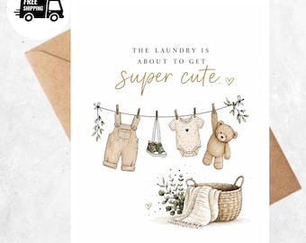 Baby Shower Card: Laundry Theme, Baby Clothes, Teddy Bear Illustration