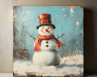 Vintage Snowman Canvas Wall Art, Christmas Wall Decor, Xmas, Vibrant Winter Wonderland, Winter Wall Art, Living Room Bedroom Decor