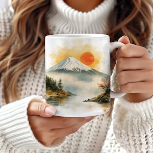 Vintage Mt. Fuji Mug, Asain Art, Japan Mug,  Farmhouse, Nature Landscape, Tea Cup, Ceramic Coffee Mug