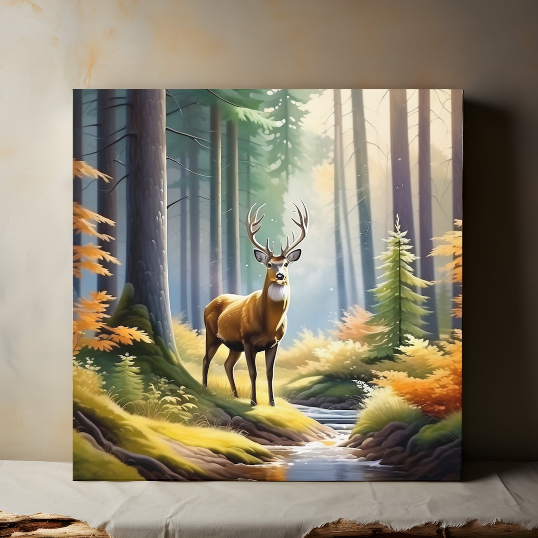 Deer in Forest Canvas Wall Art, Cabin Wall Art, Deer Art, Wildlife ...