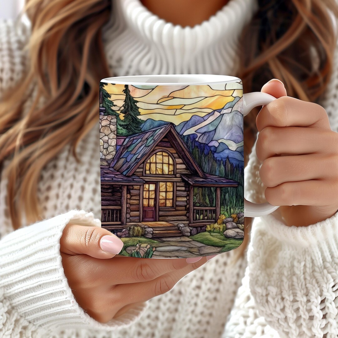Vintage Stained Glass Cabin Mug, Cabin Art, Farmhouse, Nature Landscape ...