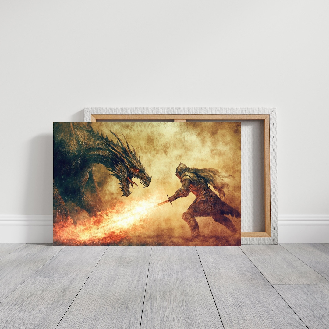 Knight Fights Dragon Canvas Wall Print, Mythical Beast, Fantasy Decor ...