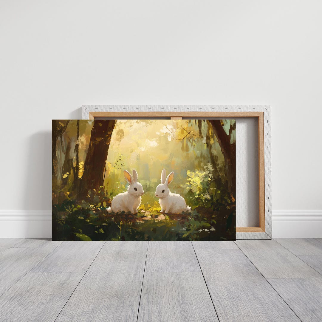 Vintage Rabbits in Forest Canvas Wall Art, Easter Bunny Wall Art ...