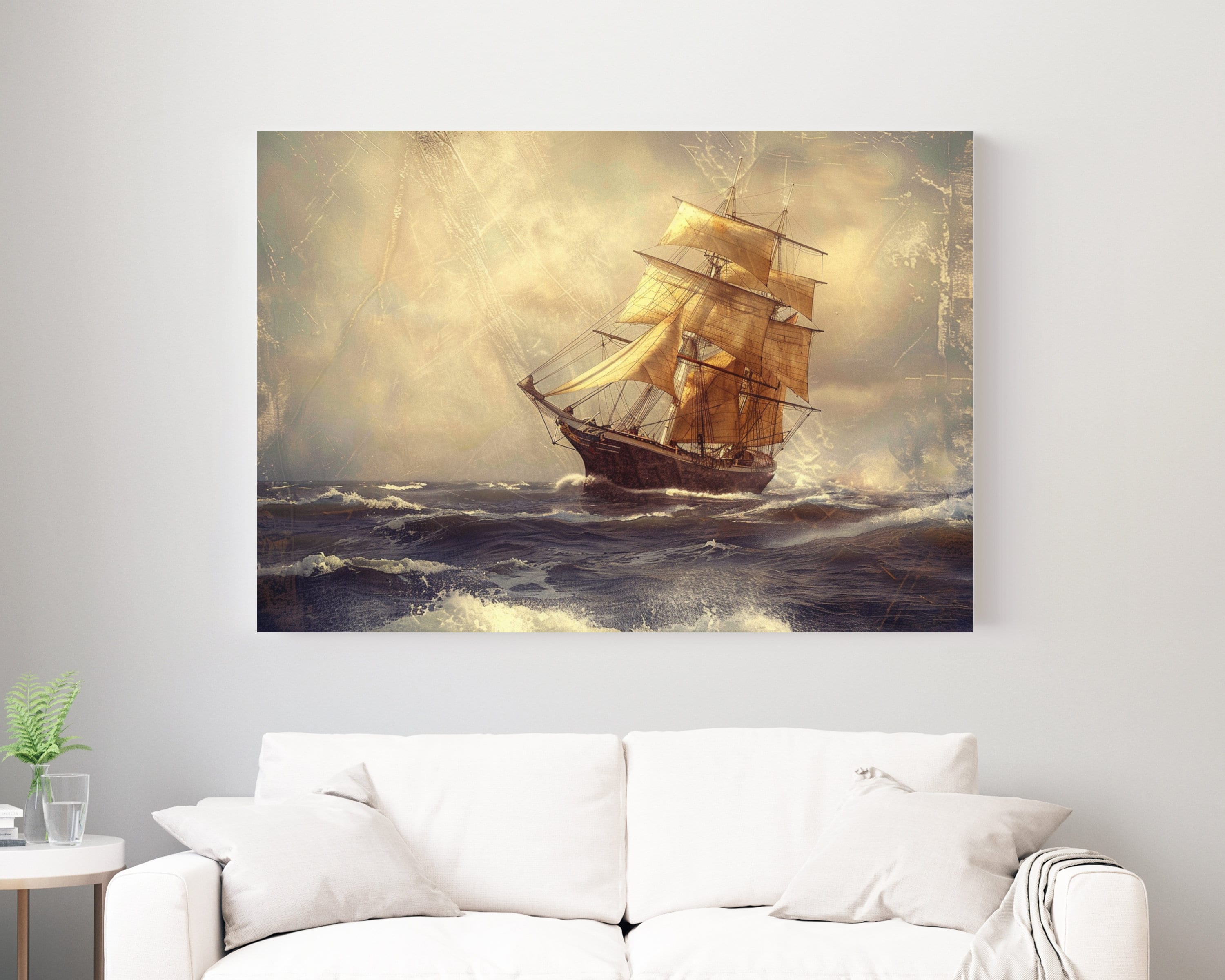 Vintage Sailing Ship Canvas Wall Print, Ocean Beach Art, Nautical Decor ...