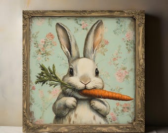 Rustic Easter Bunny with Carrot Canvas Wall Art, Easter Bunny Wall Art, Spring Print, Easter Wall Decoration, Living Room Bedroom Decor