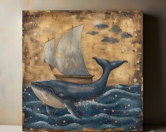 Vintage Whale Portrait Canvas Wall Art, Ocean Beach, Vintage Seascape, Nautical Decor, Landscape Nature, Living Room Bedroom Decor