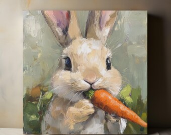 Painting of Easter Bunny with Carrot Canvas Wall Art, Easter Bunny Wall Art, Spring Print, Easter Wall Decoration, Living Room Bedroom Decor