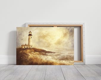 Vintage Lighthouse Landscape Canvas Wall Art, Ocean Beach, Vintage Seascape, Nautical Decor, Landscape Nature, Living Room Bedroom Decor