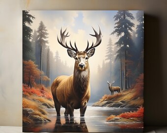 May include: A canvas print featuring a majestic deer standing in a river, with a second deer in the background. The artwork showcases a forest scene with autumn colors, including red and orange foliage, and tall evergreen trees. The deer has large antlers.