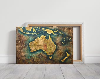 Vintage Australia Map Canvas Wall Print, Map Prints, Room Wall Art, Office Decor, Living Room Bedroom Decor