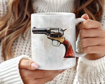 Rustic Revolver Mug, Hunting Gifts, Fathers Day Gift, Cabin Decor, Sports Art, Ceramic Coffee Mug