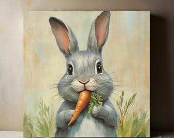 Cute Easter Bunny with Carrot Canvas Wall Art, Easter Bunny Wall Art, Spring Print, Easter Wall Decoration, Living Room Bedroom Decor