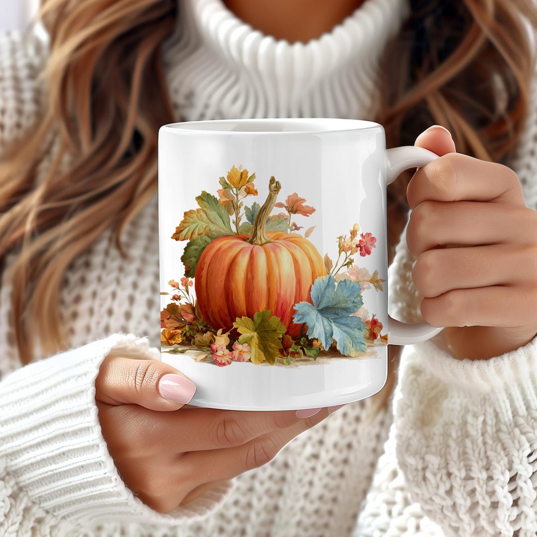 Pumpkin and Leaves Vintage Mug, Thanksgiving Art, Fall Decortea Cup ...