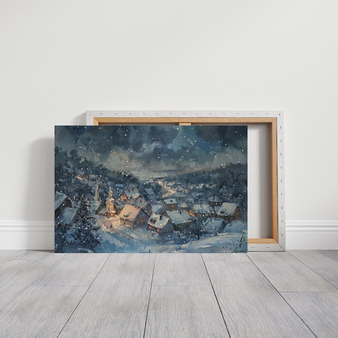 Rustic Village During Winter at Night Canvas Wall Print, Snowy Forest ...
