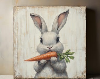 Easter Bunny with Carrot Canvas Wall Art, Easter Bunny Wall Art, Spring Print, Easter Wall Decoration, Living Room Bedroom Decor