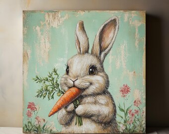 Vintage Easter Bunny with Carrot Canvas Wall Art, Easter Bunny Wall Art, Spring Print, Easter Wall Decoration, Living Room Bedroom Decor