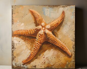 Vintage Starfish Portrait Canvas Wall Art, Ocean Beach, Vintage Seascape, Nautical Decor, Landscape Nature, Living Room Bedroom Decor