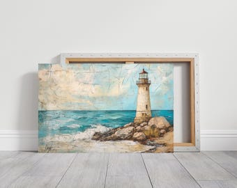 Lighthouse by Seashore Canvas Wall Art, Ocean Beach, Vintage Seascape, Nautical Decor, Landscape Nature, Living Room Bedroom Decor