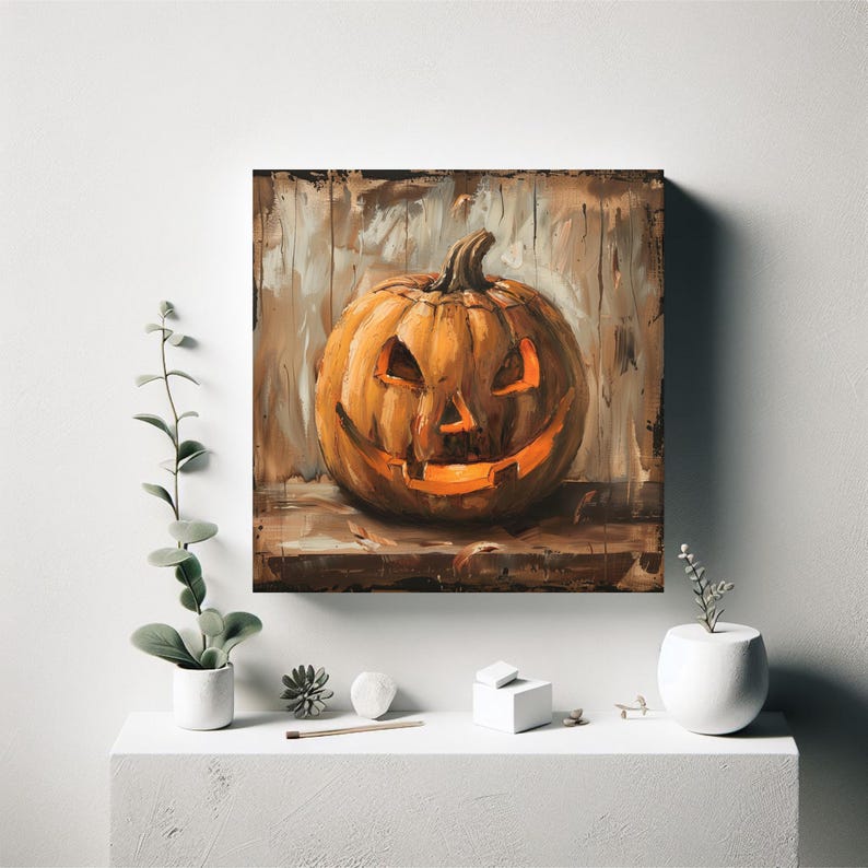 Vintage Jack O Lantern Canvas Wall Print, Halloween Print, Spooky Decor ...