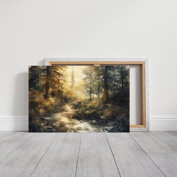 Vintage Forest and Stream Canavs Wall Print, Woodland Print, Pine Forest, Mountain Decor, Nature Landscape, Living Room Bedroom Decor