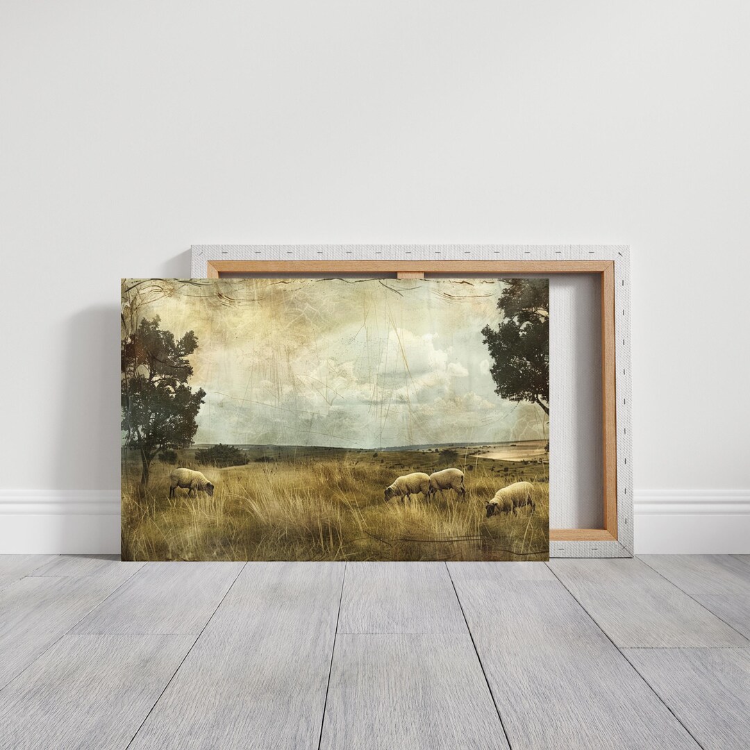 Vintage Sheep in Meadow Canvas Wall Print, Farmhouse Decor, Wildlife ...