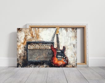 May include: A canvas print featuring a vintage electric guitar and amplifier. The guitar has a sunburst finish and black pickguard. The amplifier is a dark color with multiple knobs. The background has a distressed, textured appearance.