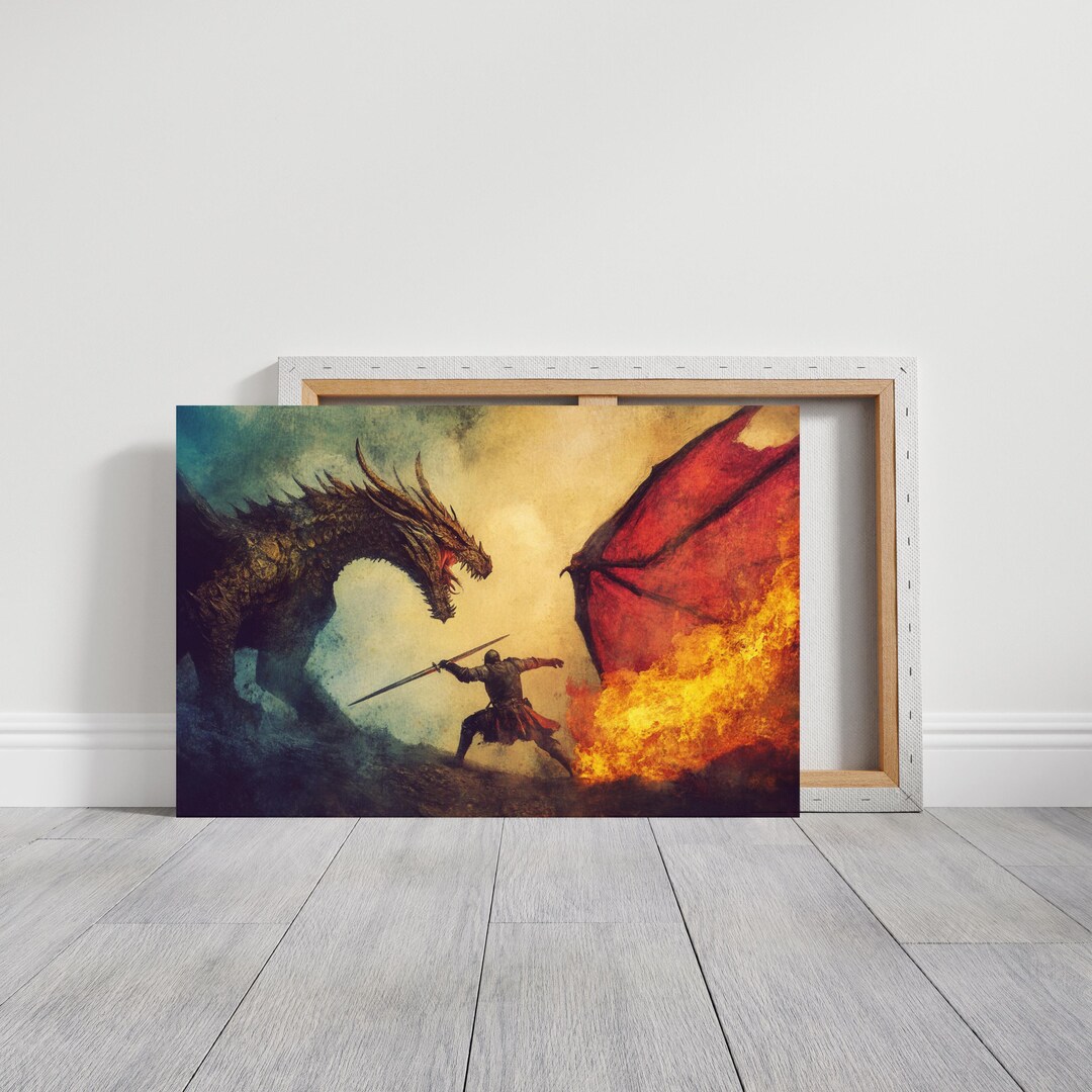 Vintage Knight and Dragon Canvas Wall Print, Mythical Beast, Fantasy ...