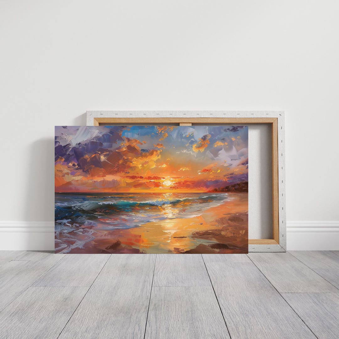 Sunset Beach Oil Painting Canvas Wall Art, Ocean Beach Prints, Costal ...