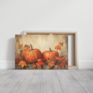 Rustic Pumpkins and Fall Leaves Canvas Print, Autumn Wall Decorations, Country Art, Thanksgiving, Nature Landscape, Livingroom Bedroom Decor