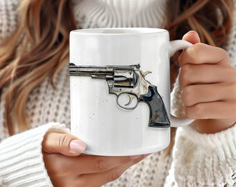 Vintage Revolver Mug, Hunting Gifts, Fathers Day Gift, Cabin Decor, Sports Art, Ceramic Coffee Mug
