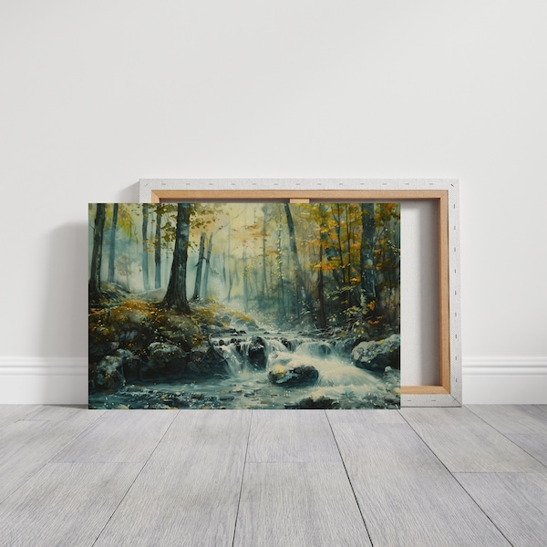 Forest and Stream Painting Canvas Wall Print, Woodland Print, Pine Forest, Mountain Decor, Nature Landscape, Living Room Bedroom Decor