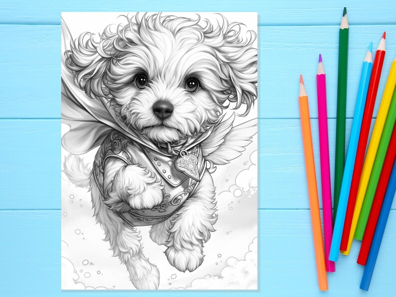 Pode incluir: Uma ilustra&ccedil;&atilde;o em preto e branco de um c&atilde;o pequeno vestindo um traje de super-her&oacute;i e asas de anjo. O c&atilde;o est&aacute; voando pelo ar com uma express&atilde;o determinada em seu rosto.