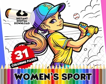 Women and Girls in Sports Coloring Book - 31 Digital Colouring Pages, Variety of designs and styles to color, perfect for home & school