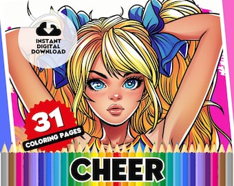 Cheer Coloring Book - 31 Page Cheerleader Coloring Pages, Digital Printable Coloring Sheets, Instant Cheer Squad Colouring Fun for Kids