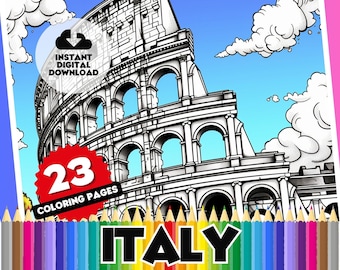 Pagine di libro da colorare dell'Italia - Libro da colorare digitale di 23 pagine, fogli stampabili: monumenti iconici italiani, cultura, storia e arte