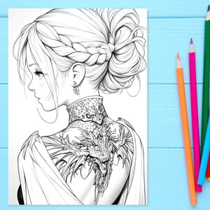 May include: A black and white line drawing of a woman with a dragon tattoo on her back. Her hair is pulled back in a bun and she is wearing a necklace with a dragon design. The image is suitable for coloring.