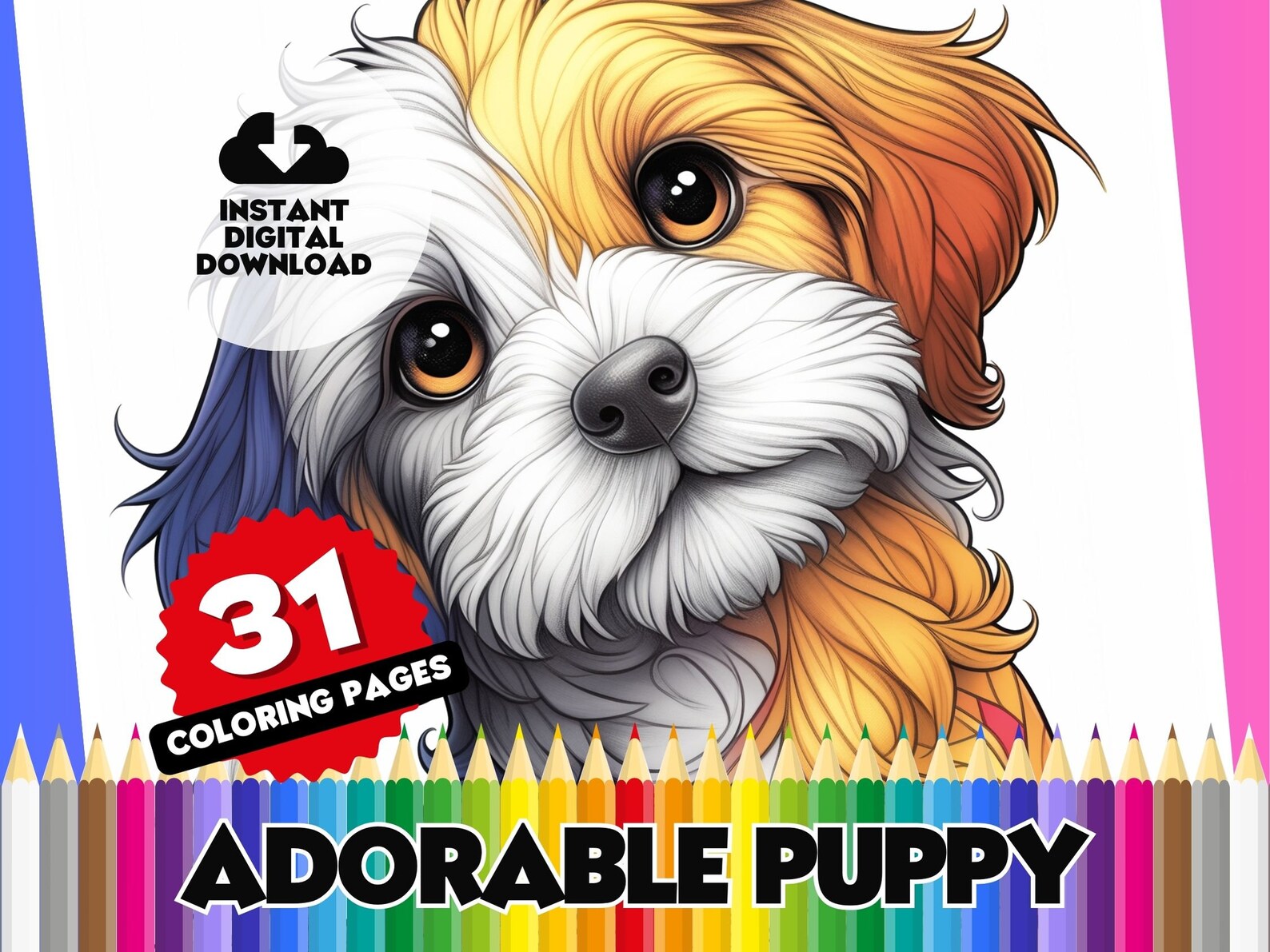 Puppy Coloring Pages for Adults, 31 Page Digital Coloring Book ...