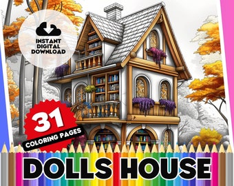 Dolls House Coloring Book, 31 Page Digital Colouring Pages, Printable Sheets: Miniature Worlds, Fantasy Homes, Creative, Adult Hobby