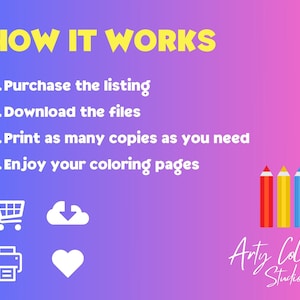 May include: How it works: Purchase the listing, download the files, print as many copies as you need, and enjoy your coloring pages.  Illustrated steps include a shopping cart, a cloud with a download arrow, a printer, and a heart.  The text "Anty Coloring Studio" is at the bottom of the image.