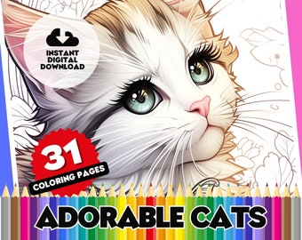 Cat Coloring Pages for Adults, 31 Page Digital Coloring Book, Printable Sheets: Printable Cat Art, Pet Fun, Creative Art Coloring