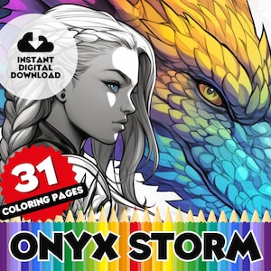 Puede incluir: Una ilustración en blanco y negro de una mujer con el pelo largo y un dragón. La mujer mira hacia un lado y el dragón mira al espectador. La imagen es parte de un libro para colorear de 31 páginas. El texto "ONYX STORM" está en la parte inferior de la imagen.
