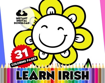 Irish Language Colouring Pages (Gaeilge) - 31 Page Themed Digital Colouring Book, Learn Gaeilge the fun way! Great activity for School Kids