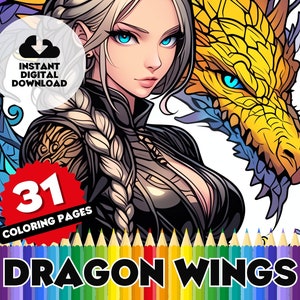 Puede incluir: Un libro para colorear con una mujer de cabello largo y rubio y un dragón con alas azules y amarillas. La portada muestra el texto "Dragon Wings" y "31 páginas para colorear".