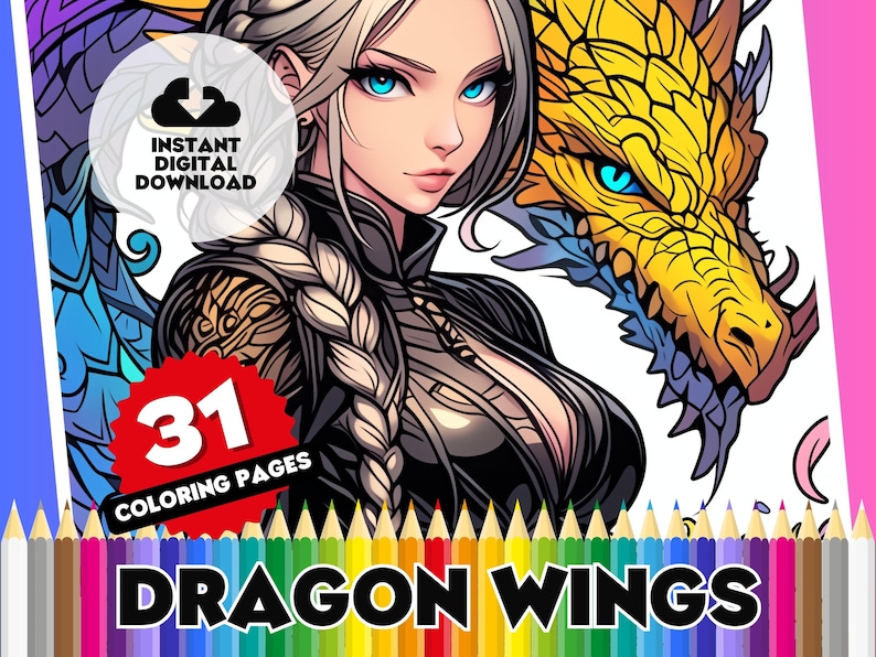 May include: A coloring book featuring a woman with long blonde hair and a dragon with blue and yellow wings. The cover features the text "Dragon Wings" and "31 Coloring Pages".