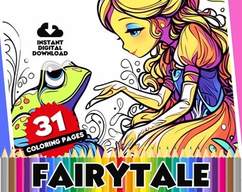 Fairy Tale Coloring Pages - 31 Page Printable PDF, Mermaids, Princesses, Snow Queen, Puss in Boots, perfect colouring book for School Kids.